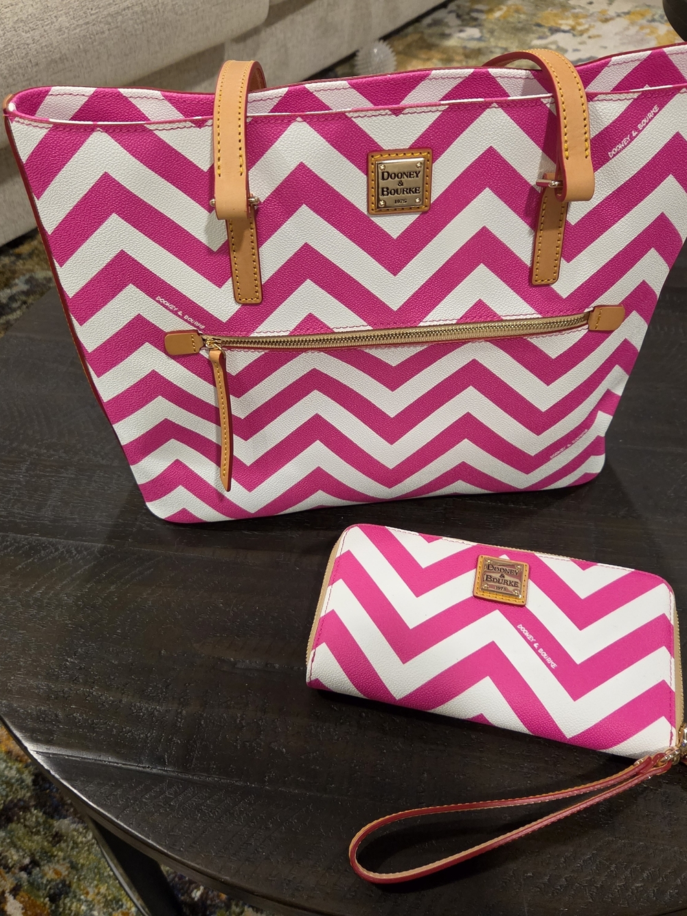 Dooney & Bourke Hot Pink and White Chevron Canvas Tote with Wristlet